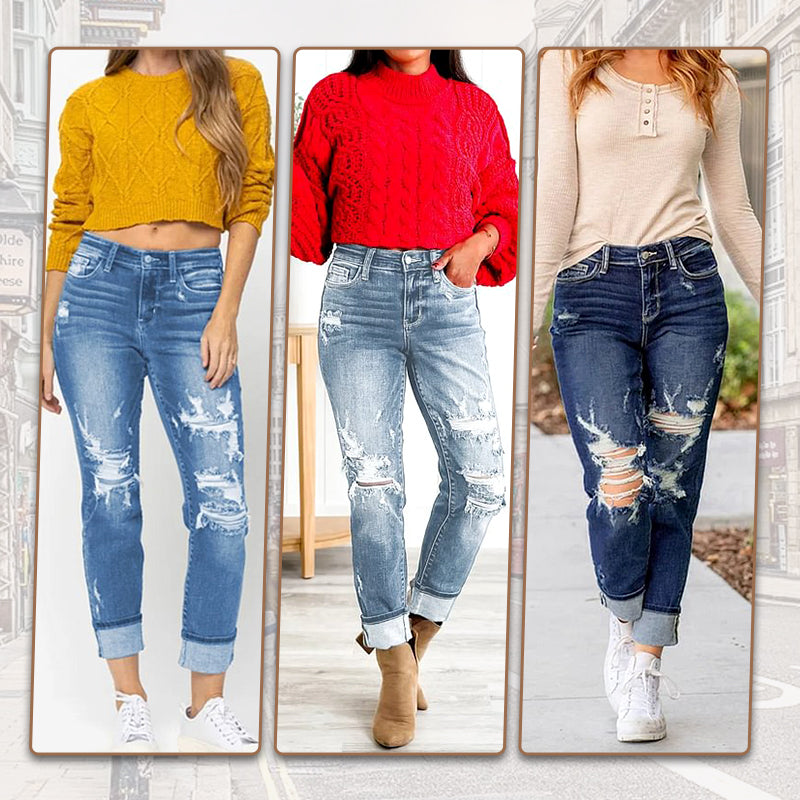 Γυναικείο Tummy Control Distressed Cuffed Boyfriend Jeans